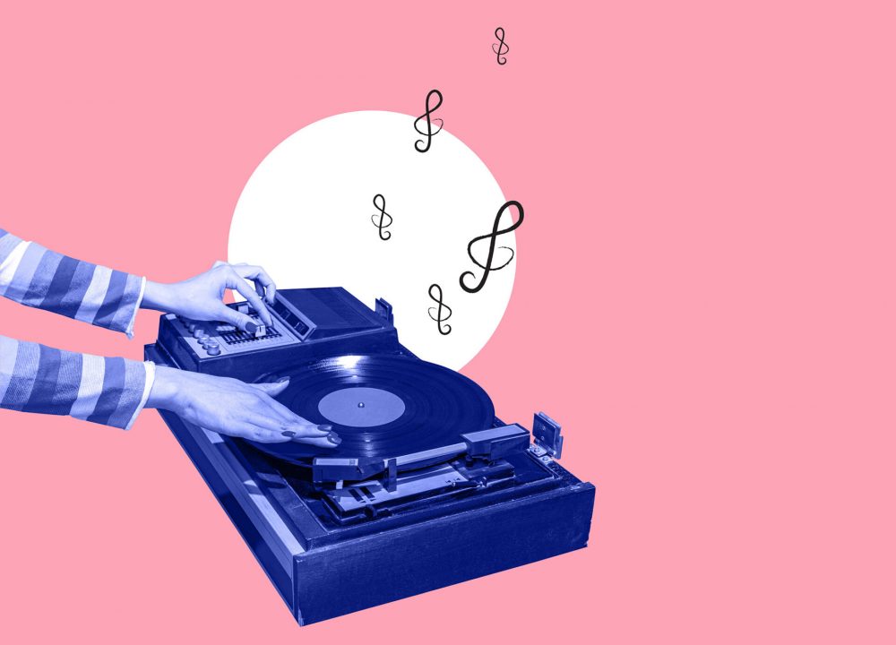 Colorful image of female hands spinning retro vinyl record player like a dj isolated over pink background. Contemporary art collage. Poster graphics. Concept of fashion, music, mix old and modernity